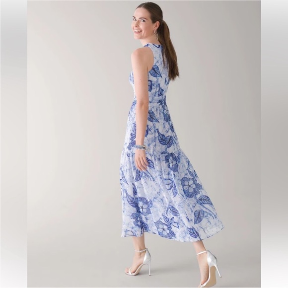 White House Black Market halter neck floral midi dress features a blue and white - Picture 2 of 7